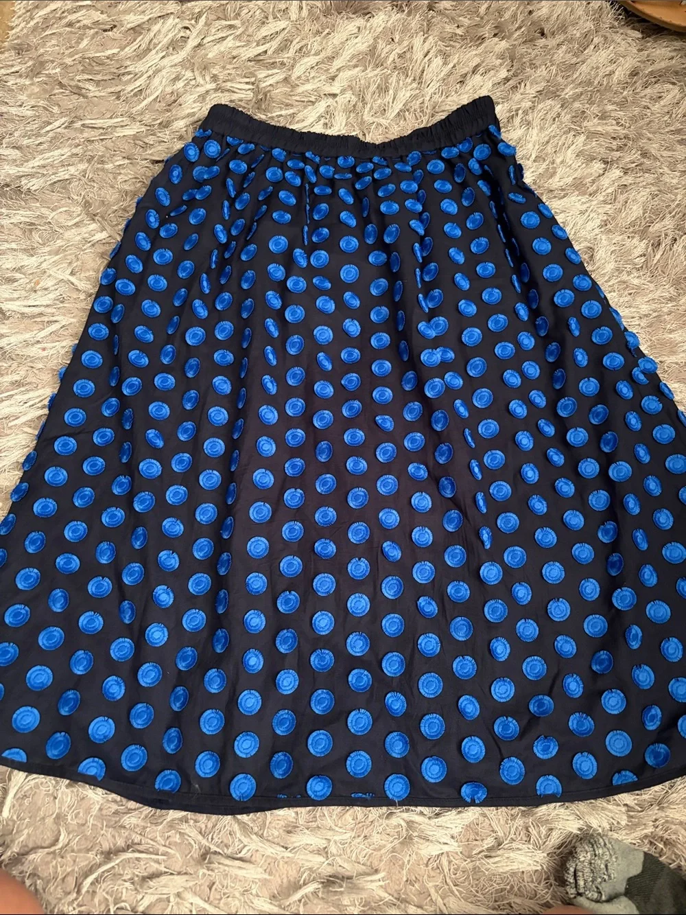 J. Crew Black Midi Skirt with Electric Blue Polka Dot Appliqués